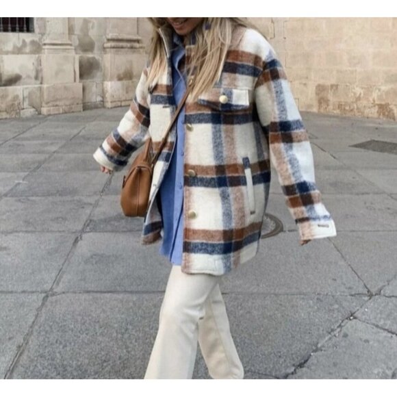 Zara Plaid Wool Blend Jacket With Gold Buttons In Cream Brown And Blue Size S - Picture 1 of 11